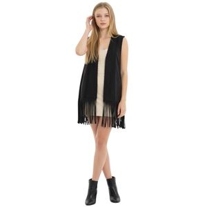 Zara Trafaluc Black Faux Suede Open Front Boho Western Festival Fringe Vest